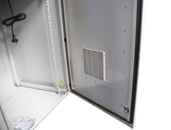 Picture of 12RU Vented Outdoor Wall Mount Cabinet. Dim 611x625x640 IP45 rated. Lockable door.