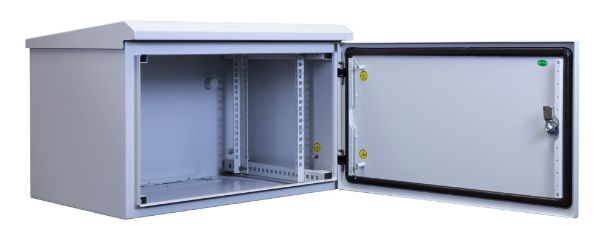 Picture of 6RU Outdoor Wall Mount Cabinet External Dims 611x425x390. IP65 Rated Lockable Front Door