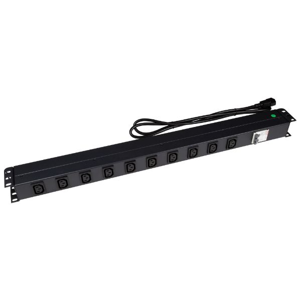 Picture of 10 Outlet Vertical Power Rail (10A IEC C13) w/ 6KA C-Curve Circuit Breaker.
