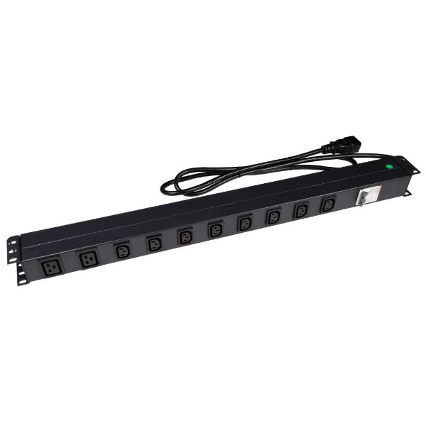 Picture of 10 Outlet Vertical Power Rail (8x 10A IEC C13 & 2x 16A IEC C19). 6KA C-Curve Circuit