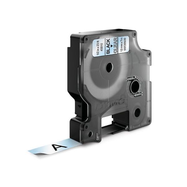 Picture of Genuine D1 Label Cassette Tape 12mm x 7M Black on Clear. Suitable for the LabelManager