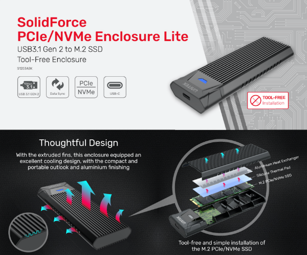 Picture of USB 3.1 Gen2 to M.2 SSD Tool-Free (PCIe/NVMe) Enclosur SuperSpeed 10Gbps Data Trans