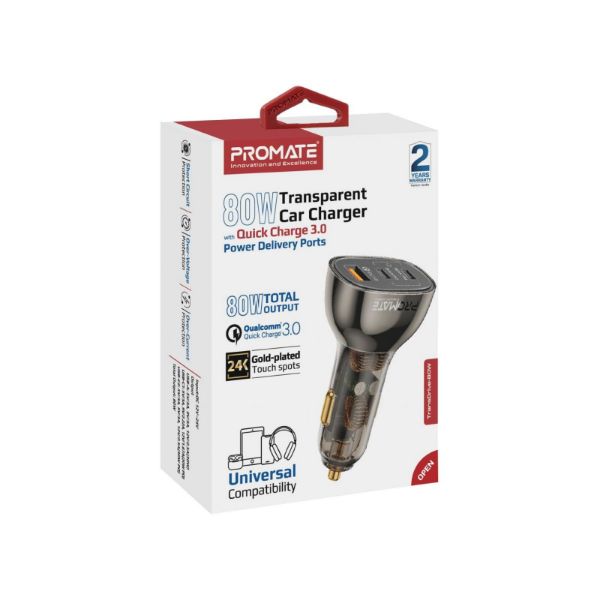 Picture of 80W Quick Charging In-Car Adapter for Tablets & phones. 30W & 20W PD USB-C Ports.