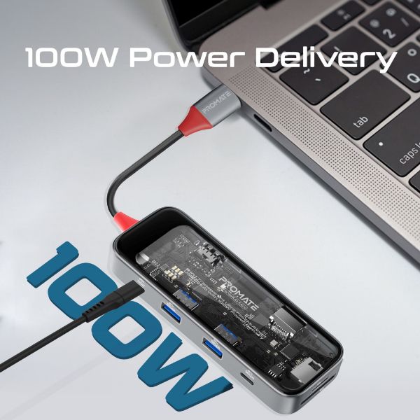 Picture of 8-in-1 USB Multi-Port Hub USB-C Connector. Includes 100W PD 4K HDMI Port RJ45 Port