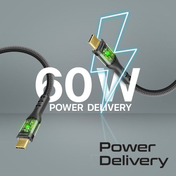 Picture of 2m USB-C to USB-C Cable Transparent Connectors & LED'' Supports 60W PD. 25000+ Bend