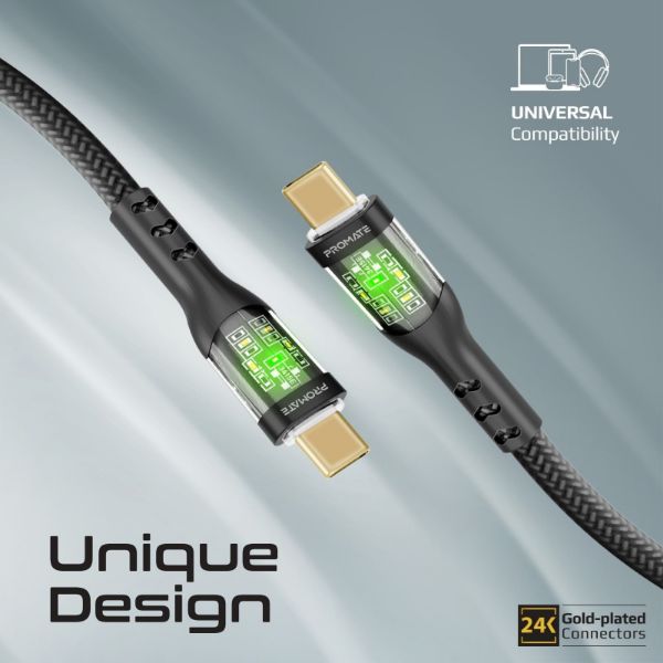 Picture of 2m USB-C to USB-C Cable Transparent Connectors & LED'' Supports 60W PD. 25000+ Bend