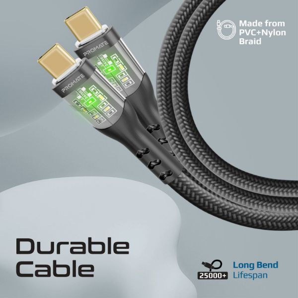 Picture of 2m USB-C to USB-C Cable Transparent Connectors & LED'' Supports 60W PD. 25000+ Bend