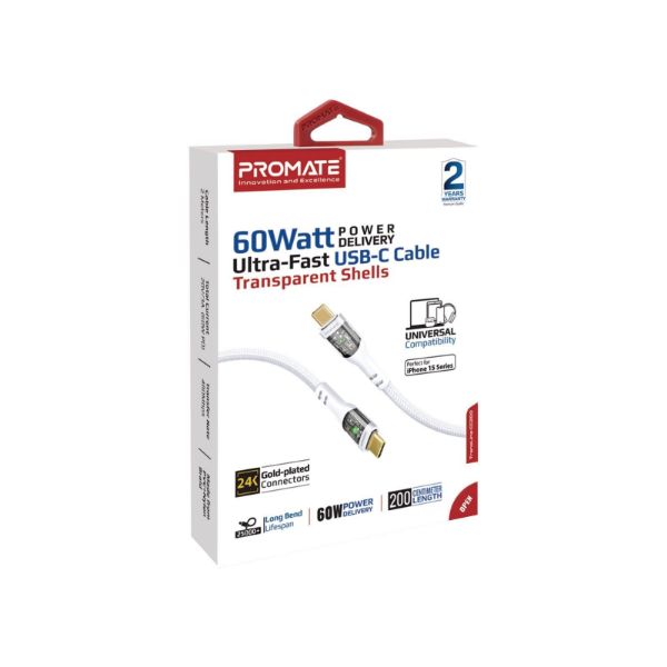 Picture of 2m USB-C to USB-C Cable Transparent Connectors & LED'' Supports 60W PD. 25000+ Bend