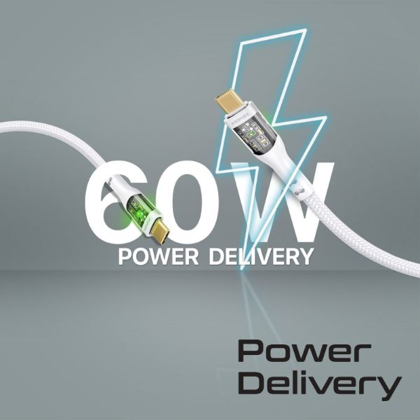 Picture of 2m USB-C to USB-C Cable Transparent Connectors & LED'' Supports 60W PD. 25000+ Bend