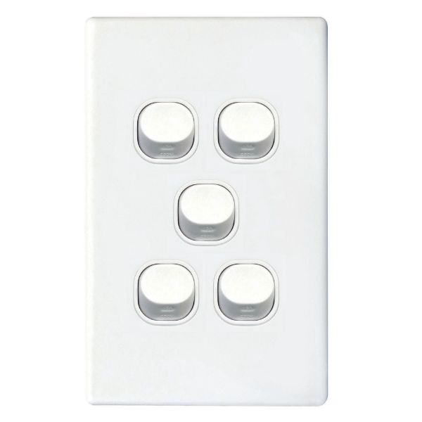 Picture of Slim 16A 2-Way Vertical 5 Gang Switch. Moulded in Flame Resistant Polycarbonate. Fade