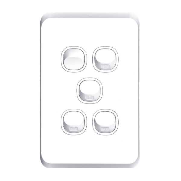 Picture of Sleek 16A 2-Way Vertical 5 Gang Switch Moulded in Flame Resistant Polycarbonate. Fade