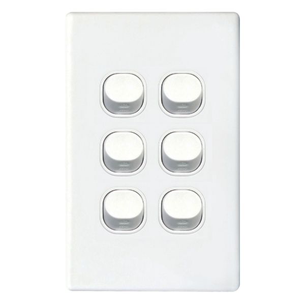 Picture of Slim 16A 2-Way Vertical 6 Gang Switch. Moulded in Flame Resistant Polycarbonate. Fade