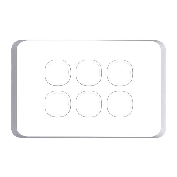 Picture of Sleek 6 Gang Switch Plate ONLY. Accepts all Tradesave Mechanisms. Moulded in Flame