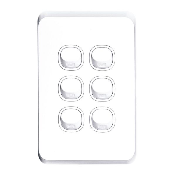 Picture of Sleek 16A 2-Way Vertical 6 Gang Switch Moulded in Flame Resistant Polycarbonate. Fade