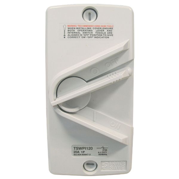 Picture of Weatherproof Isolator 1 Pole 240V 20A. Grey Heavy Duty Industrial Grade Plastic.