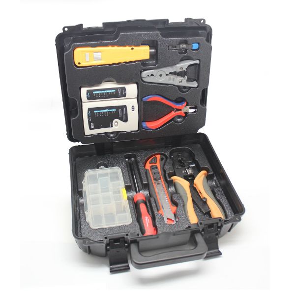 Picture of 9 Piece LAN Basic Repair Tool Kit w/ Heavy Duty Plastic Case. Includes Punch Down Tool