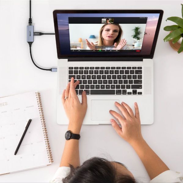 Picture of USB-C to Gigabit Ethernet Adapter. Data Transfer Rate 5Gbps 100W Power Delivery.