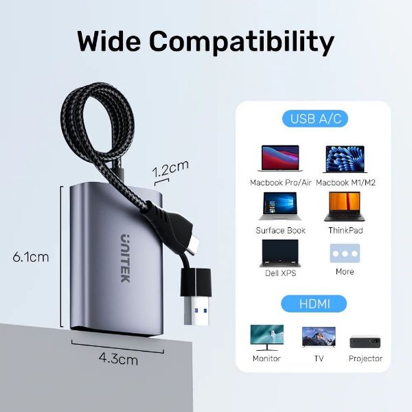 Picture of HDMI Dual Port Adapter w/ 60cm & USB-A&USB-C Connectors Mirror or Extend Display