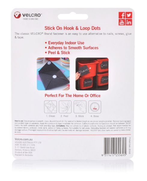 Picture of 22mm Stick On Hook & Loop Dots. Pack of 40 General Purpose Simple &