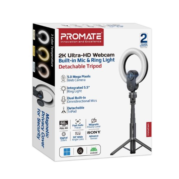 Picture of 2K 5MP UHD Webcam w/ Built-in Mic Ring Light & Detachable Tripod
