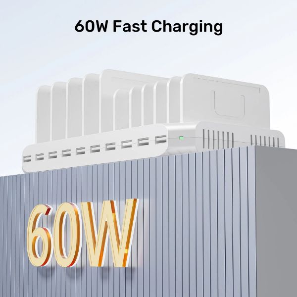 Picture of 10-Port 60W Smart Charging Station 10x 2.4A USB-A Ports. Power: 60W. Over-charge Over