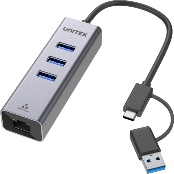 Picture of 4-in-1 USB Multi-port Hub w/ 2-in-1 Connectors (USB-C & USB-A). Includes 3x USB-A 3.0