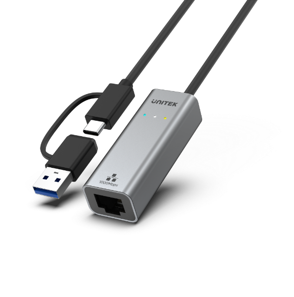 Picture of USB to Gig Ethernet Adapter w/ 2-in-1 Connectors (USB-C & USB-A). Supports up to 5Gbps
