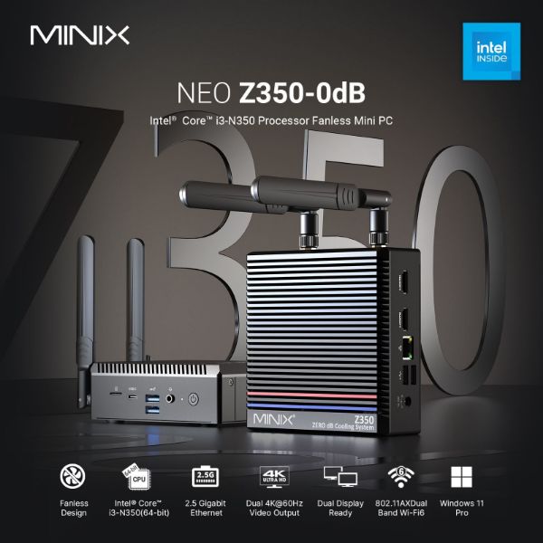 Picture of Neo Z350-0dB Intel Core i3-N350 Fanless Mini PC Windows 11 Pro. 8 cores 16GB