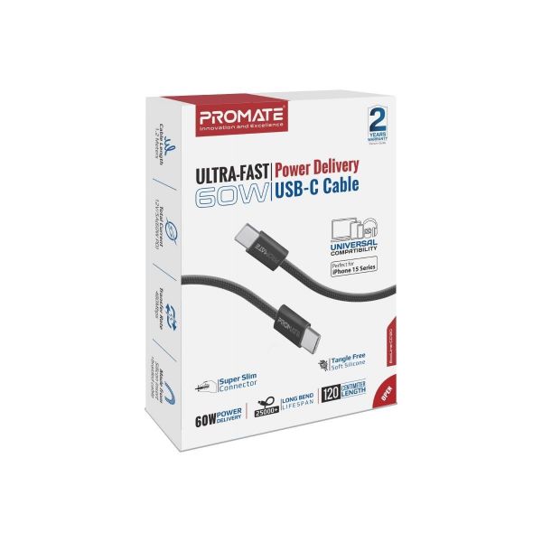 Picture of 1.2m USB-C to USB-C Cable w/ Fabric Braided Cable Supports 60W PD. Black