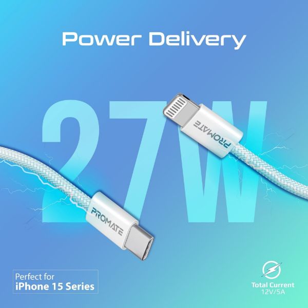 Picture of 1.2m 27W PD USB-C to Lightning Connector Cable. Fabric Braided Cable