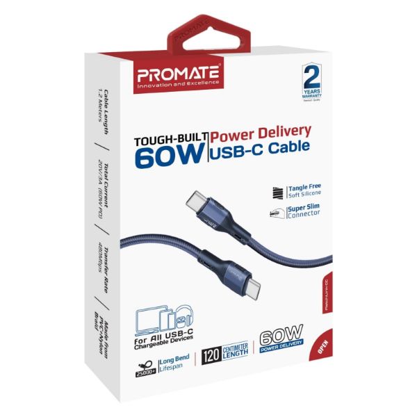 Picture of 1.2m 60W PD USB-C to USB-C Tough-Built Cable. Supports up to 480Mbps Slim