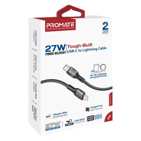 Picture of 1.2m 27W PD USB-C to Lightning Tough-Built Cable. Supports up to 480Mbps Slim