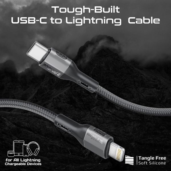 Picture of 1.2m 27W PD USB-C to Lightning Tough-Built Cable. Supports up to 480Mbps Slim