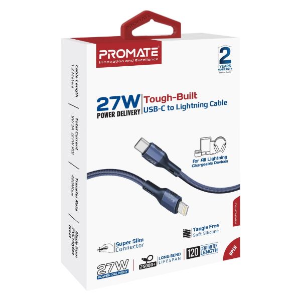 Picture of 1.2m 27W PD USB-C to Lightning Tough-Built Cable. Supports up to 480Mbps Slim