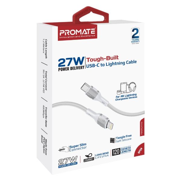 Picture of 1.2m 27W PD USB-C to Lightning Tough-Built Cable. Supports up to 480Mbps Slim