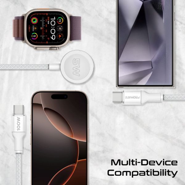 Picture of 1.4m 100W High-Speed Multi Device Charging Cable w/ Apple Watch Charger. 2x 100W PD USBC