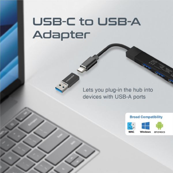 Picture of 4-in-1 Ultra-Slim Multi Port Hub. USB-C & USB-A Adapter. 4x USB-A Ports