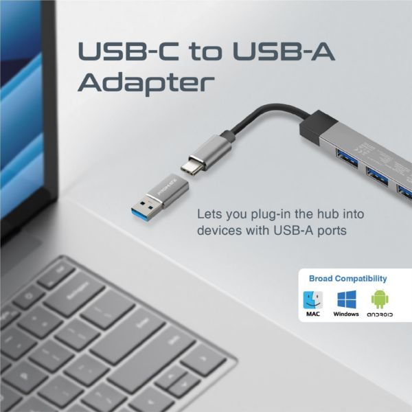 Picture of 4-in-1 Ultra-Slim Multi Port Hub. USB-C & USB-A Adapter. 4x USB-A Ports