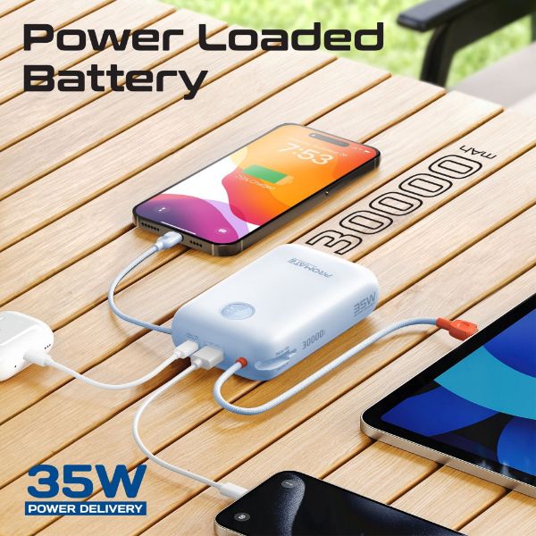 Picture of 30000mAh Ultra Compact 35W SuperSpeed Pwr Bank w Built-in USB-C & Lightning Cables. 35W