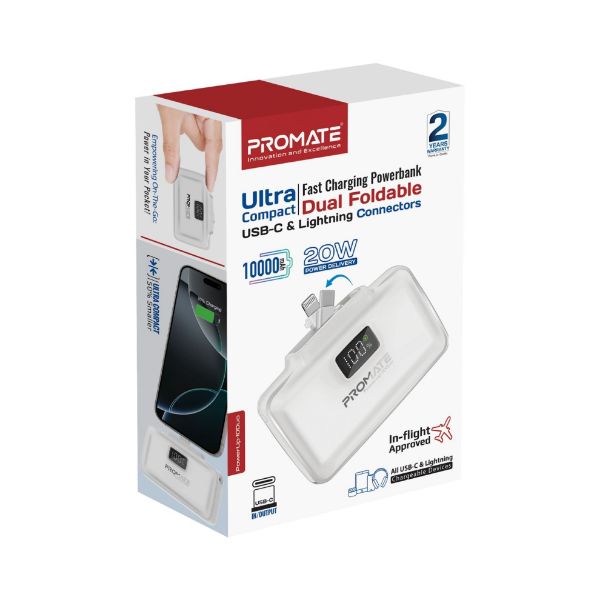 Picture of 10000mAh Ultra-Compact Fast Charging Power Bank In-Built Dual Folding USB-C & Lightning