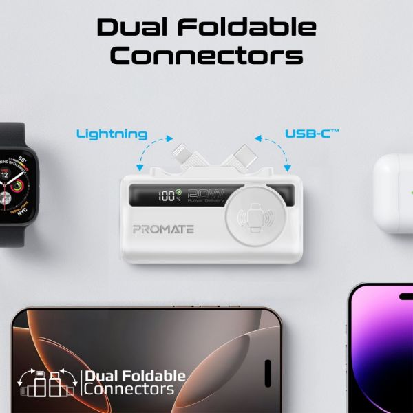 Picture of 5000mAh Ultra-Compact Fast Charging Power Bank In-Built Dual Folding USB-C & Lightning