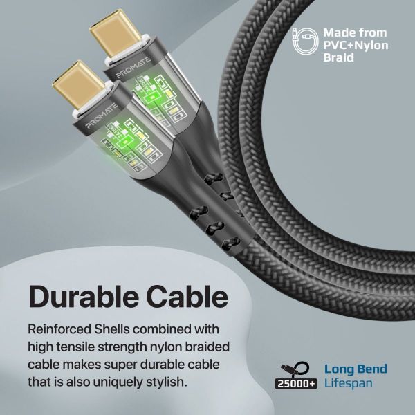Picture of 1.2m USB-C to USB-C Cable Transparent Connectors & LED'' Supports 60W PD. 25000+ Bend