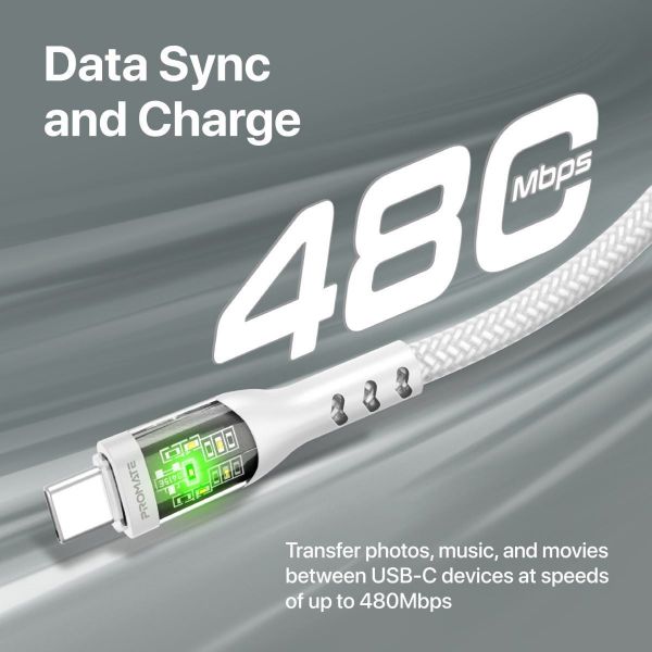 Picture of 1.2m USB-C to USB-C Cable w/ Transparent Connectors & LED Supports 60W PD. White