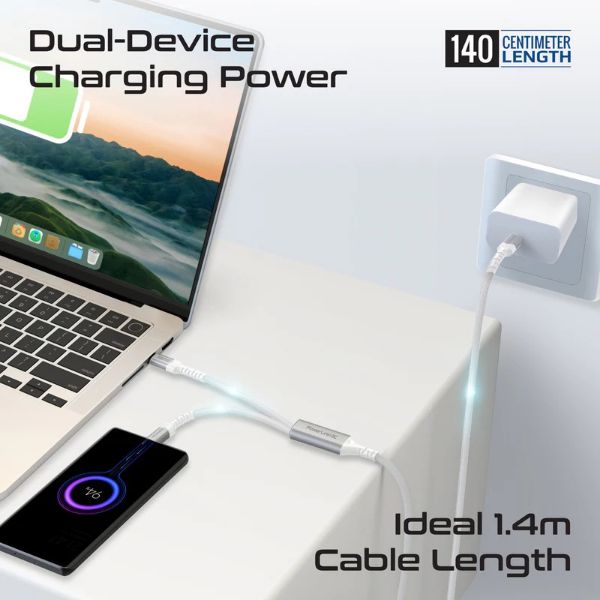 Picture of 1.4M 140W PD USB-C to Dual USB-C Charging Cable. White