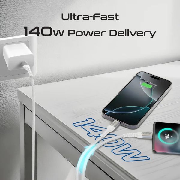 Picture of 1.4M 140W PD USB-C to Dual USB-C Charging Cable. White
