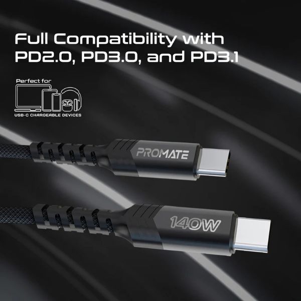 Picture of 1.4M 140W PD USB-C to Dual USB-C Charging Cable. Black
