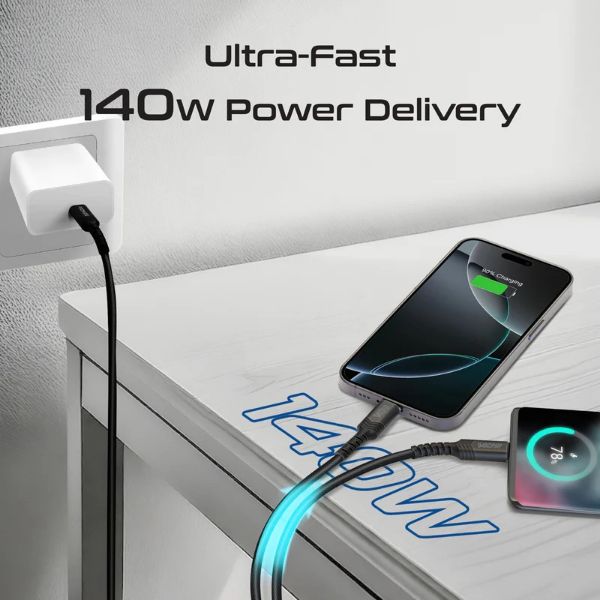 Picture of 1.4M 140W PD USB-C to Dual USB-C Charging Cable. Black