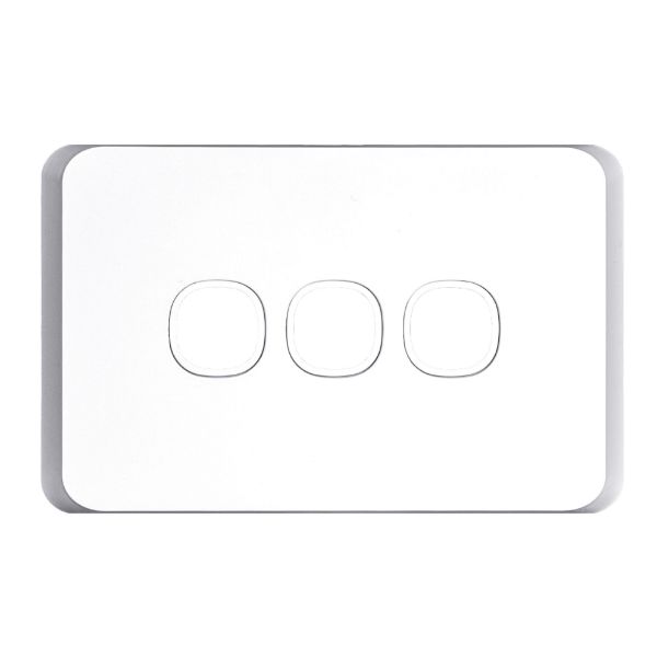 Picture of Sleek 3 Gang Switch Plate ONLY. Accepts all Tradesave Mechanisms. Moulded in Flame