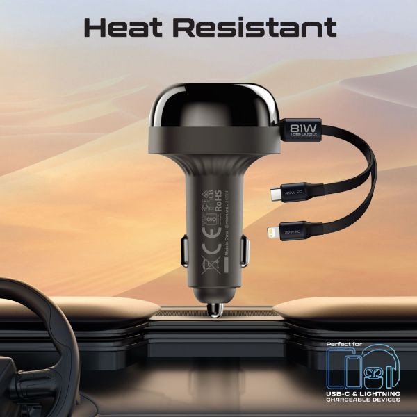 Picture of 81W Multi-Port In-Car Phone Charger with Retractable USB-C Lightning Cables. Supports 45W