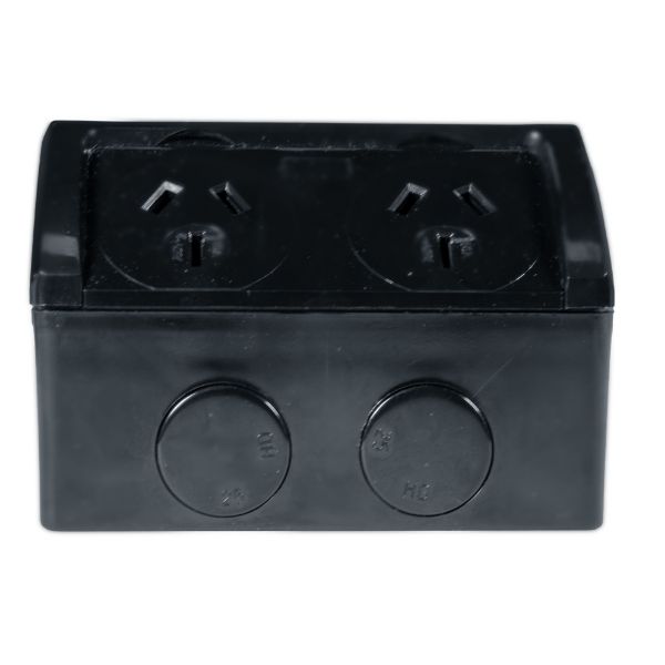 Picture of Weatherproof Double IP53 Black Outlet. Heavy Duty Industrial Grade Virgin Plasti